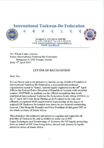 ITFSA Letter of Recognition